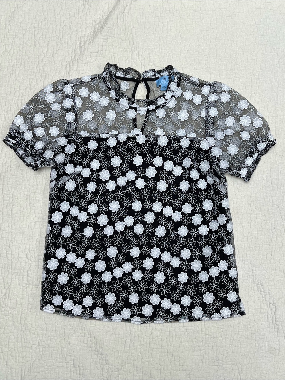 CeCe Black Sheer Lace Top with White Floral Embroidery